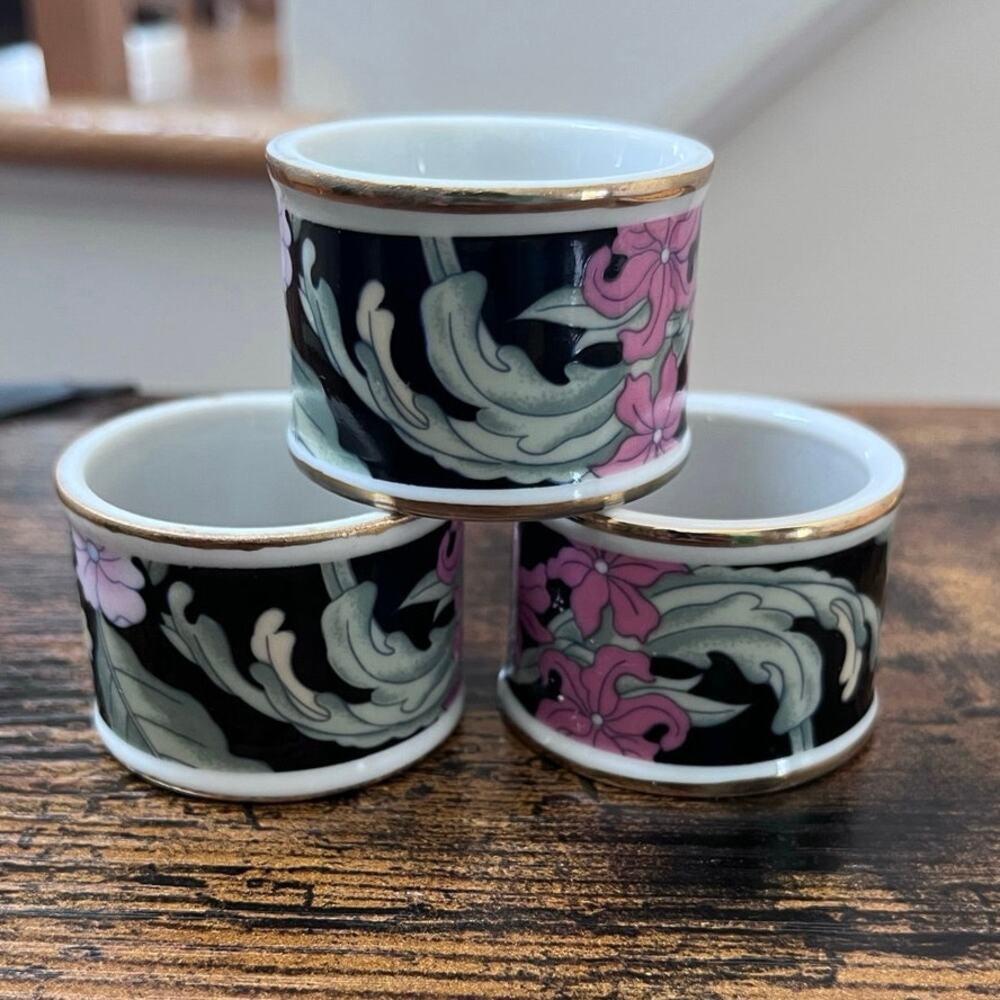 Vintage Set of 3 Cloisonné Enamelware Floral Pattern Napkin Holder Asian No Box